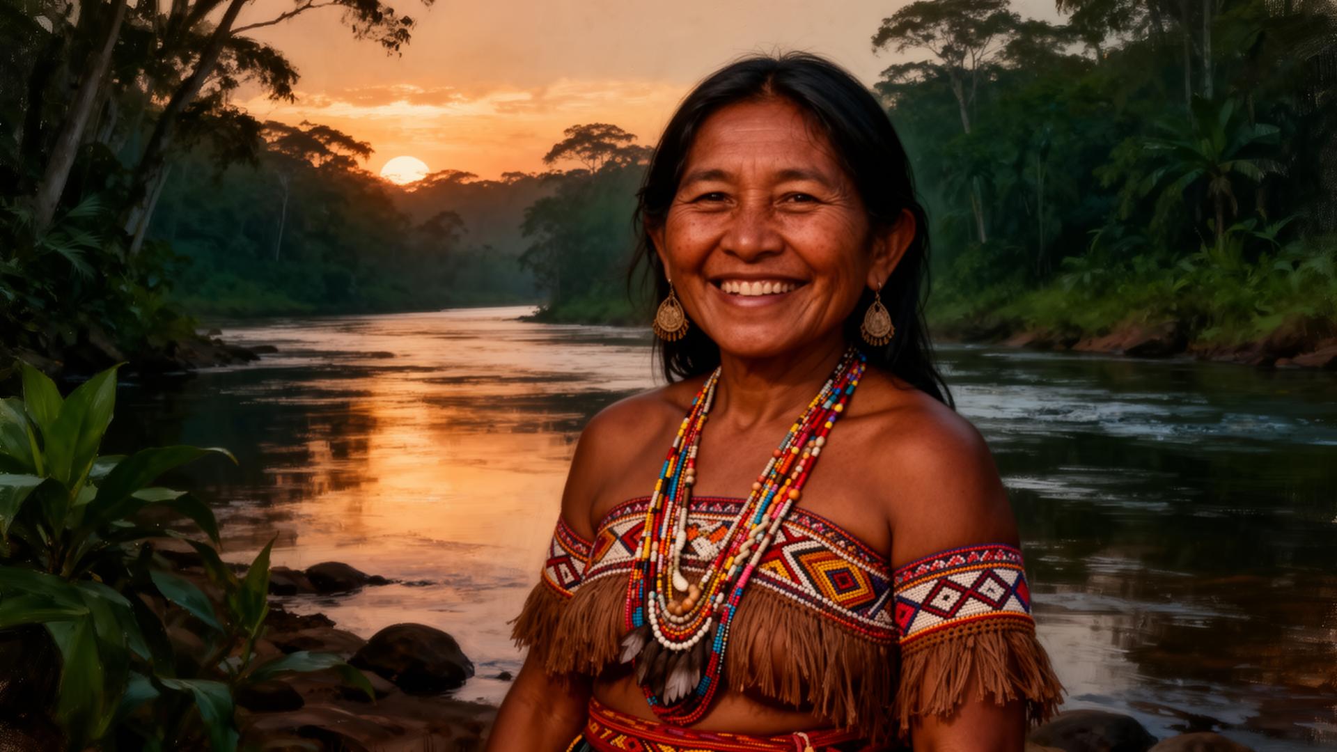 Mulher amazônica ao entardecer no rio